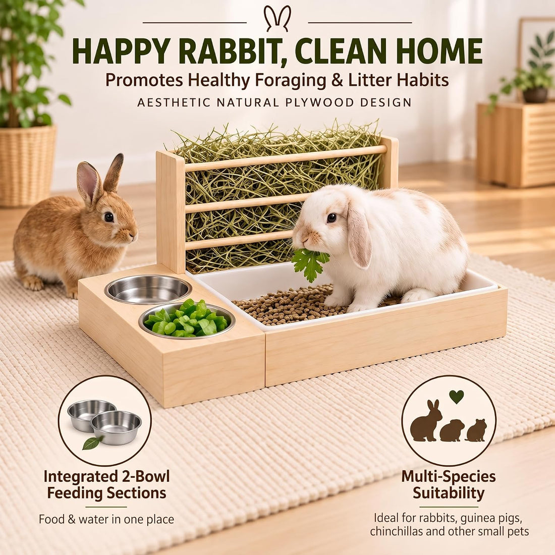 XL Wooden Rabbit Litter Box with Hay Feeder & Dual Stainless Steel