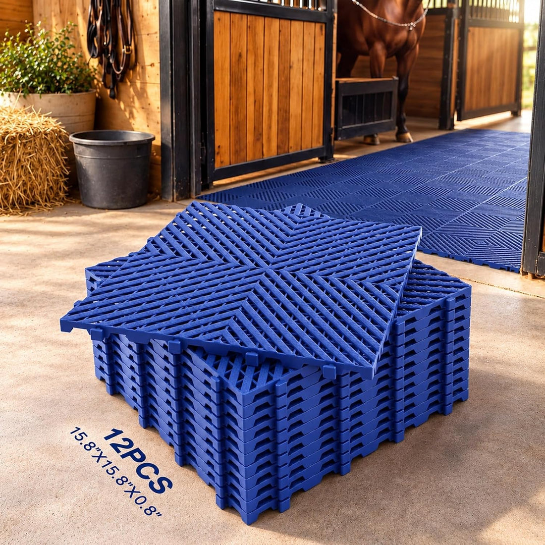 18 Pcs Horse Stall Mats 4 x 8 ft Plastic Stable Mat Interlocking