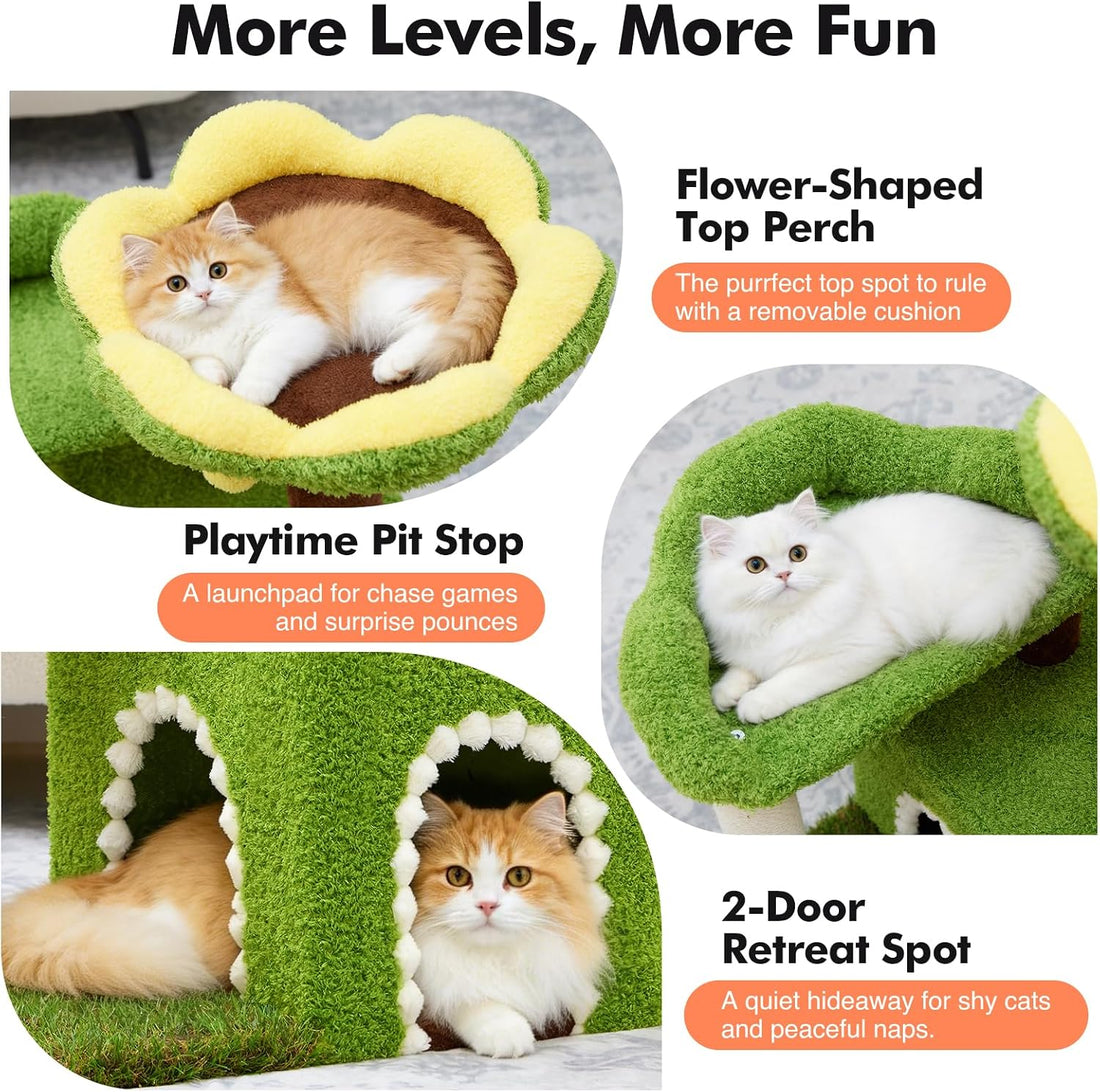 WOOCHPET Sunflower Short Cat Tree with Cat Scratching Posts Small Cat