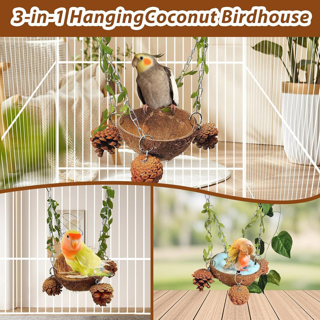 PINVNBY Natural Coconut Shell Bird Nest Suspended Parakeet Nest Bird