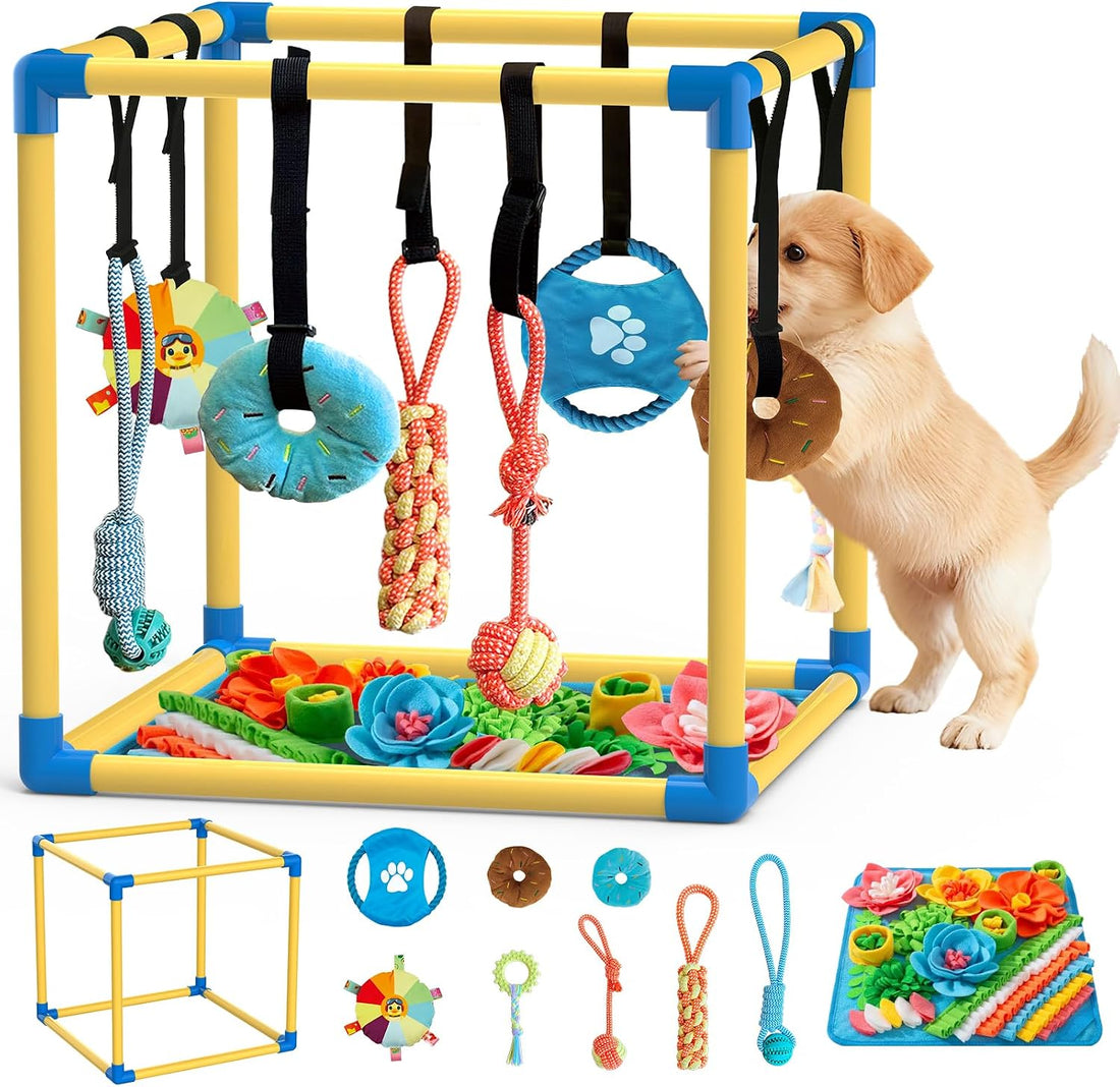 Puppy Play Gym & 8 Toys (Blue,19.6″ x 19.6″ x 19.6″‌) with Snuffle Mat