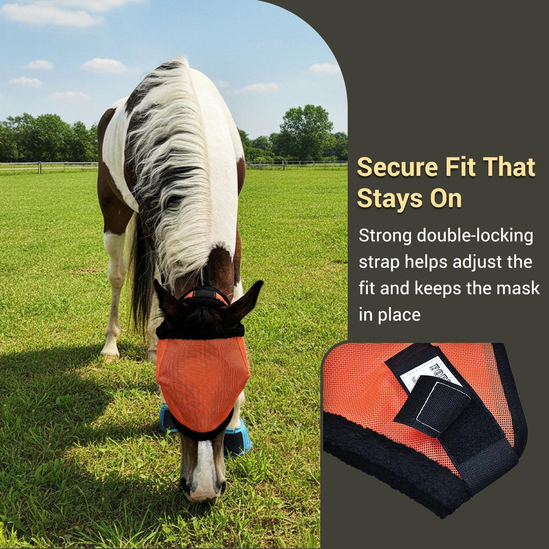 Fly Mask Without Ears for Horses, UV Block & No-Rub (Orange, L)