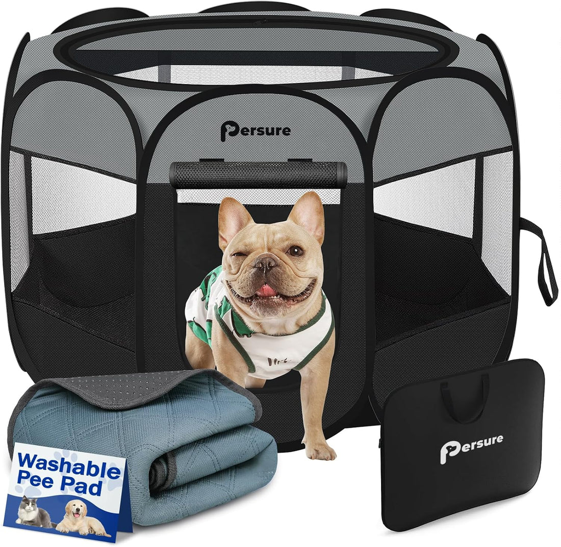Persure Cat Dog Playpen Tent Crate Cage with Pee Pad, Dark Grey