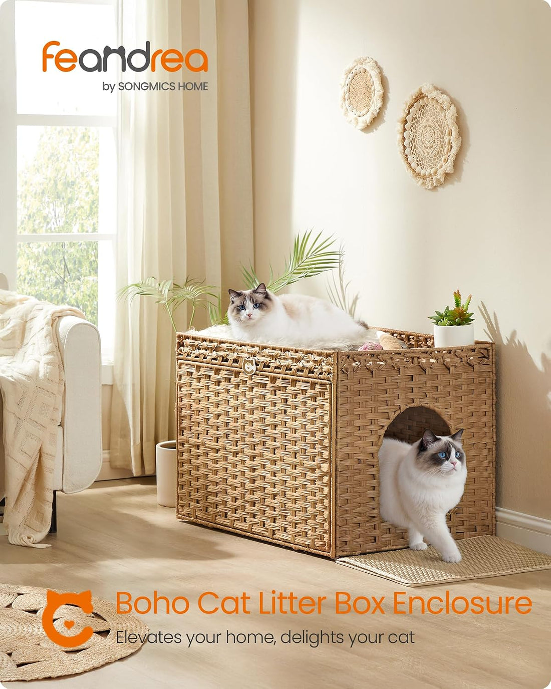Feandrea Cat Litter Box Enclosure, Handwoven Rattan End Table