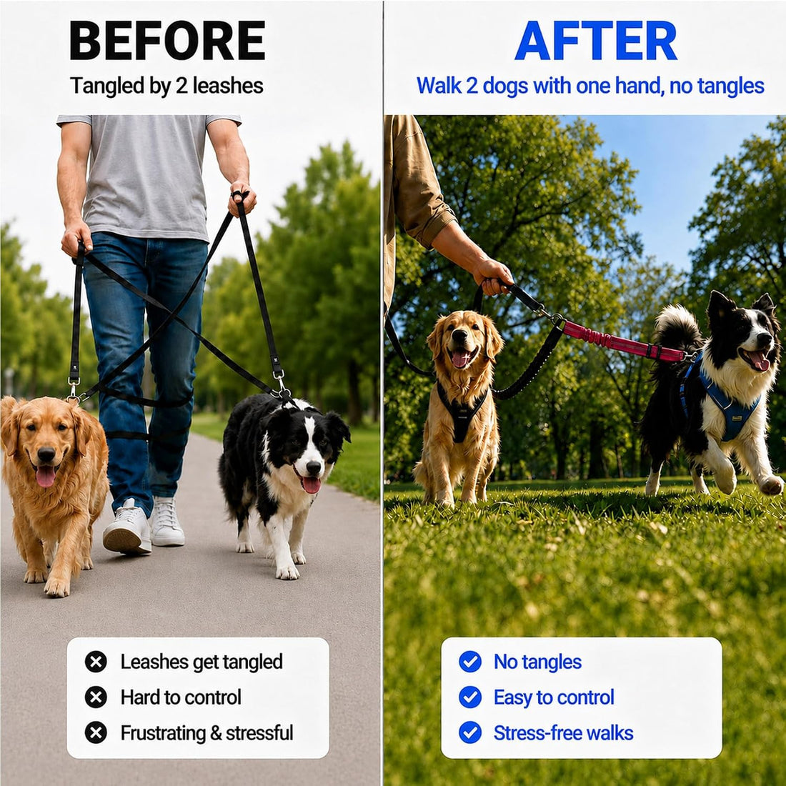 Double Dog Leash, Retractable Dog Leash for 2 Dogs, No Tangle