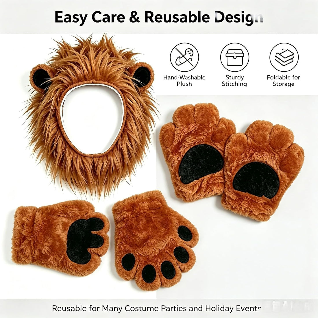 Lion Costume Accessory Set, Plush Lion Mane Hood with Paw Gloves