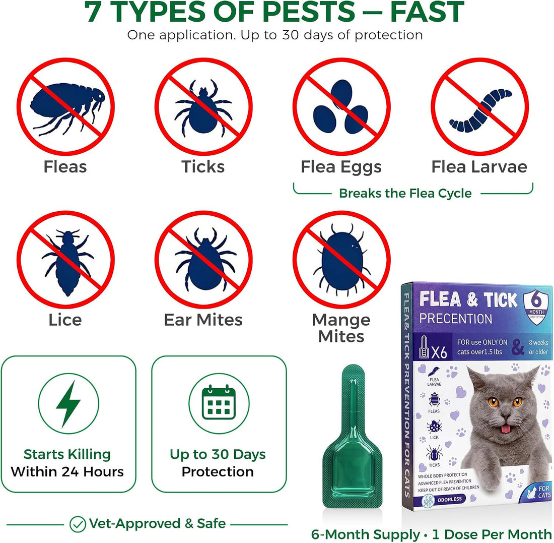 Flea and Tick for Cats, Cat Flea & Tick Topical Drops, 6 pc 8+ Weeks