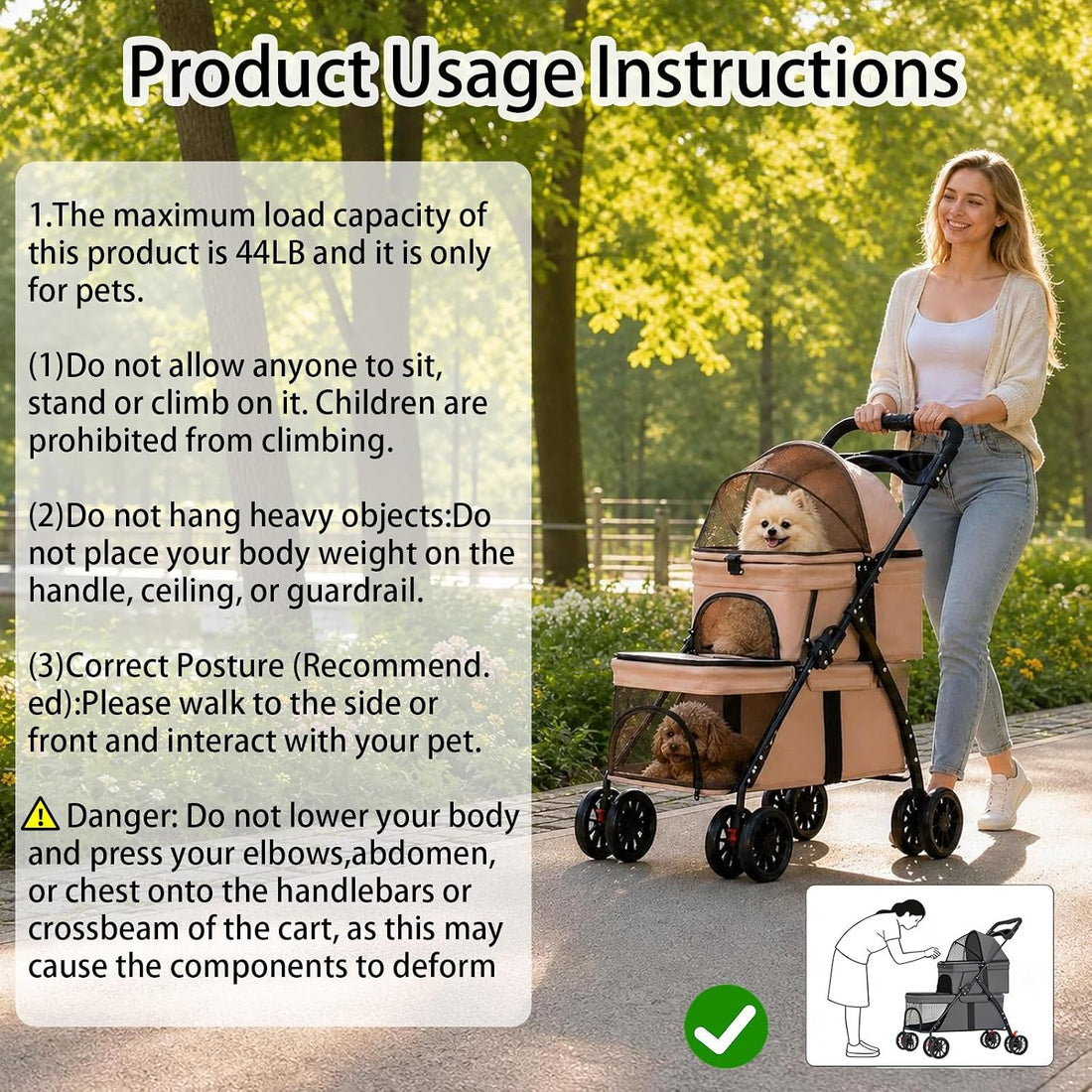 YYW Double Pet Stroller Foldable 2 Carriages Cup Holder Lockable Khaki
