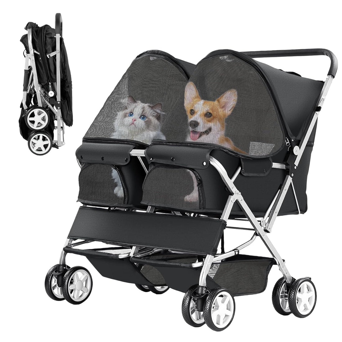 Double Pet Stroller for 2 Dogs & Cats, Side-by-Side