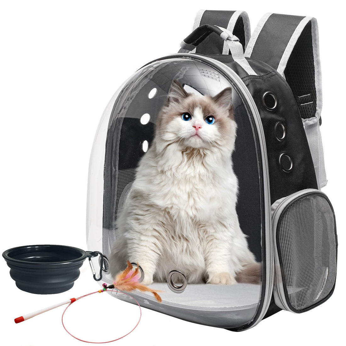 Vivicreate Large Cat Backpack Carrier with Folding Bowl and Teaser