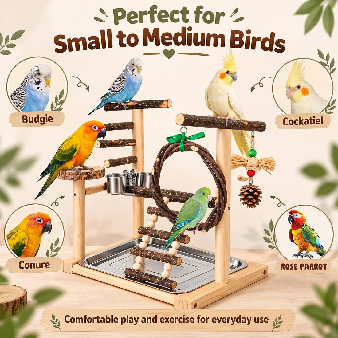 SCETTAR Bird Playground, Natural Wood Parrot Stand with Feeding Cups