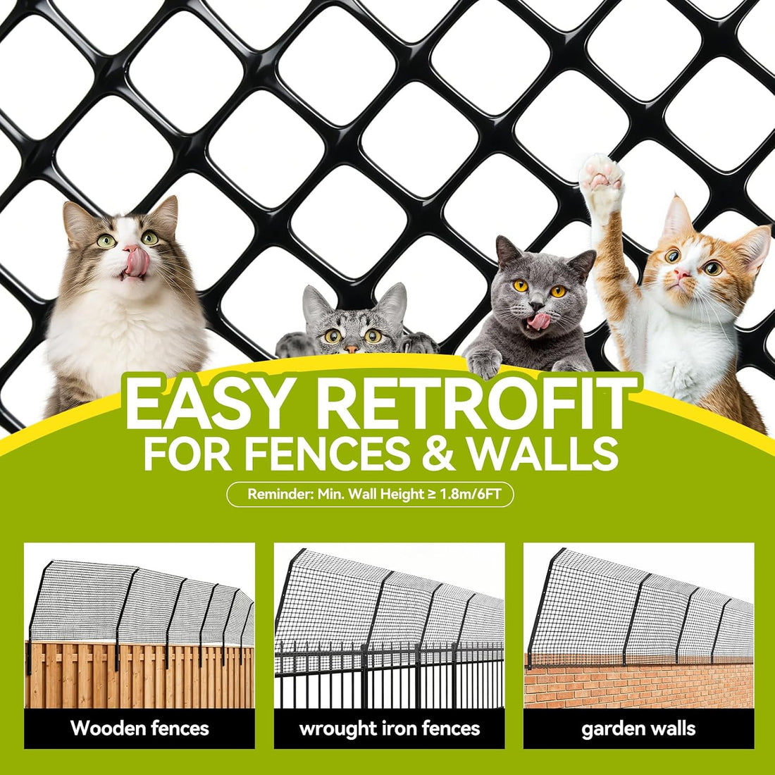Cat Fence Outdoor Barrier 33FT, Cat-Proof Fence Topper System