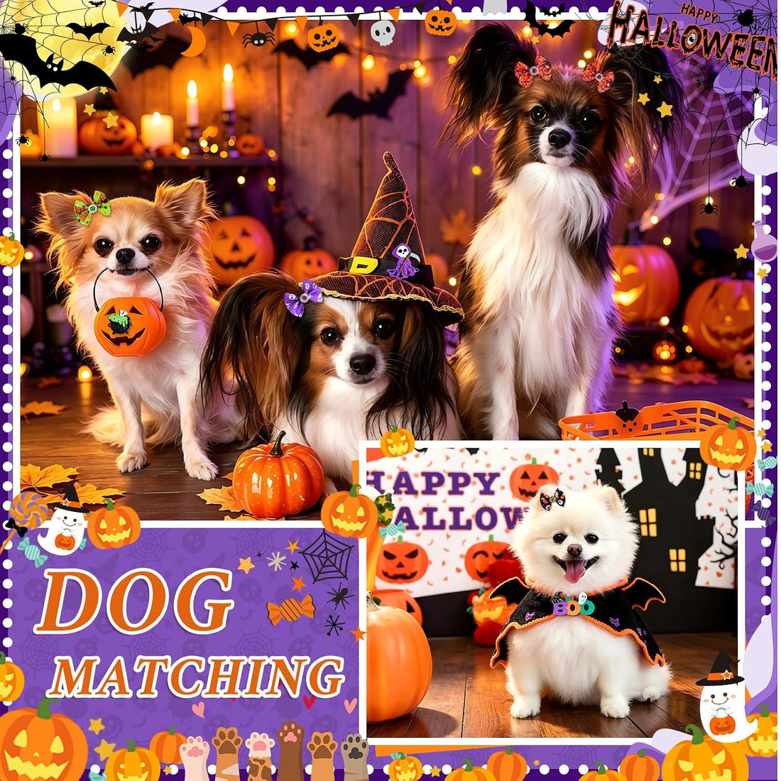 SUMMORO 68Pcs/34Pairs Halloween Dog Hair Bows with Rubber Bands