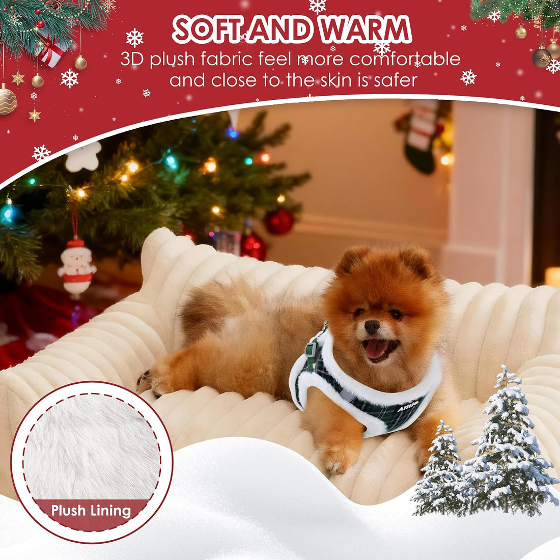 AIITLE Christmas Plush Small Dog Harness and Leash Set for Winter