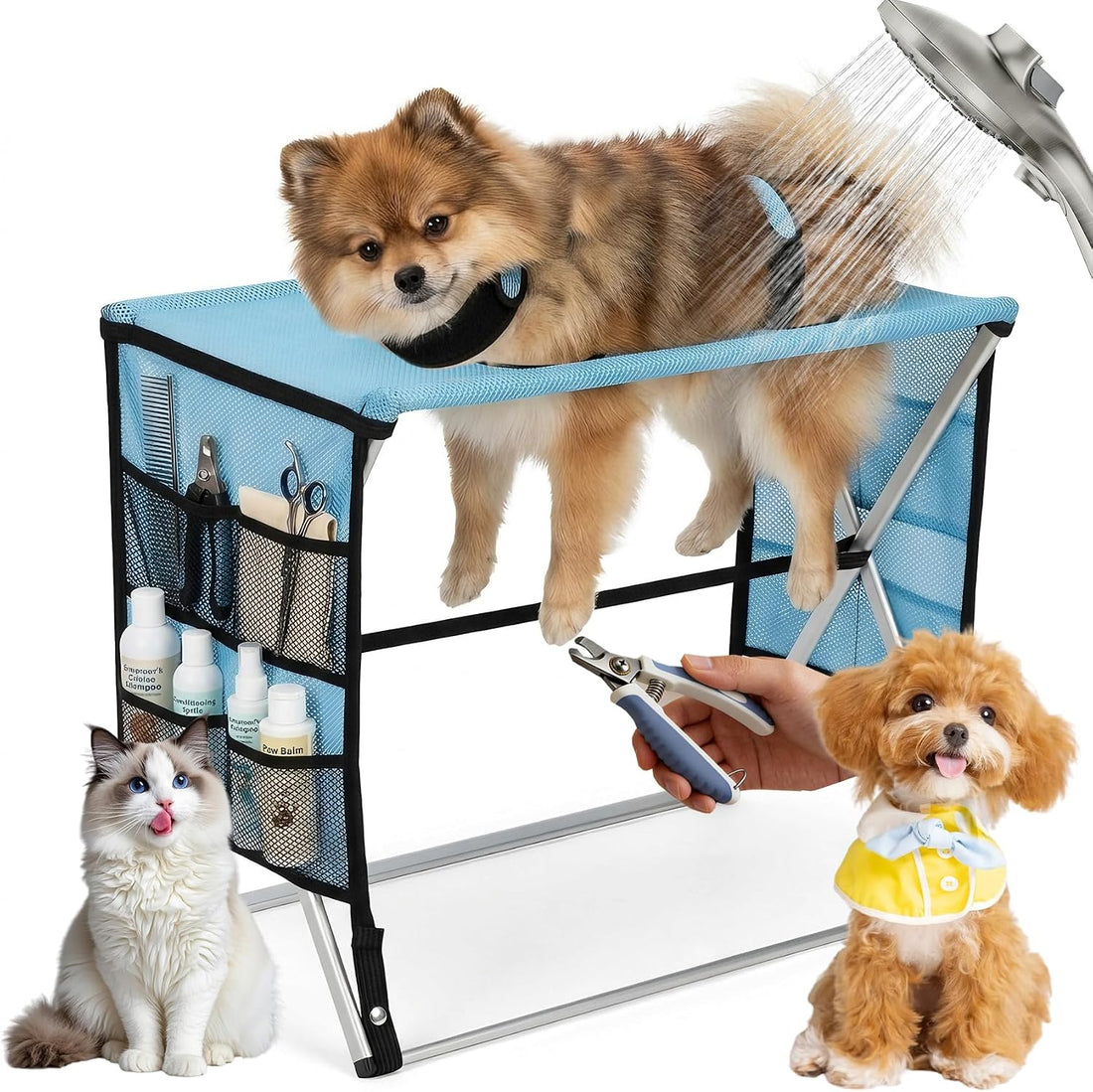 Foldable Pet Grooming Hammock with Stand for Small Dogs & Cats