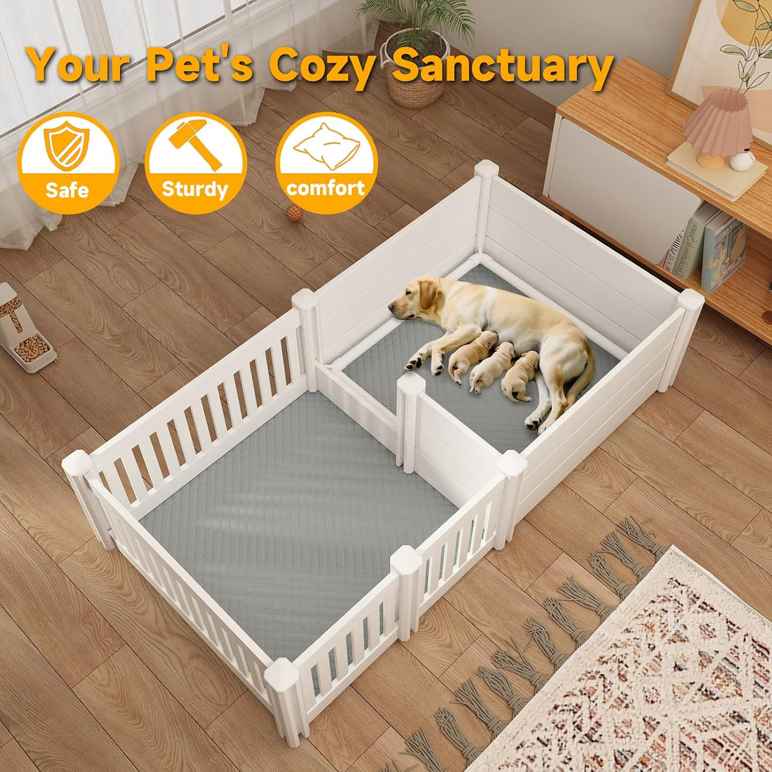 Whelping Box for Dogs, Puppies, with Pig Rails Washable Pad