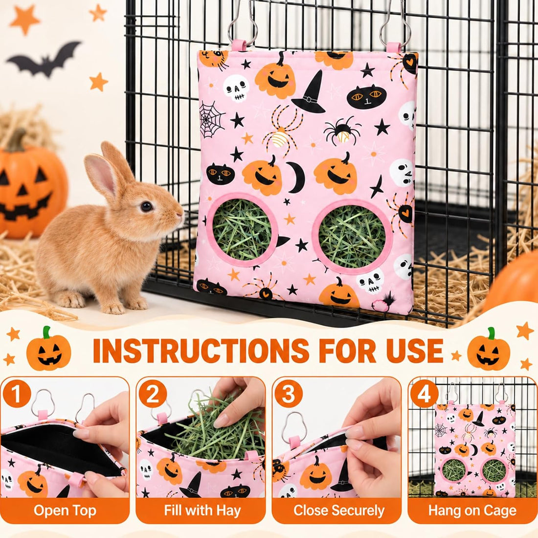 JarThenaAMCS 2Pcs Rabbit Hay Feeder Bag with 2 Holes, Pink Halloween