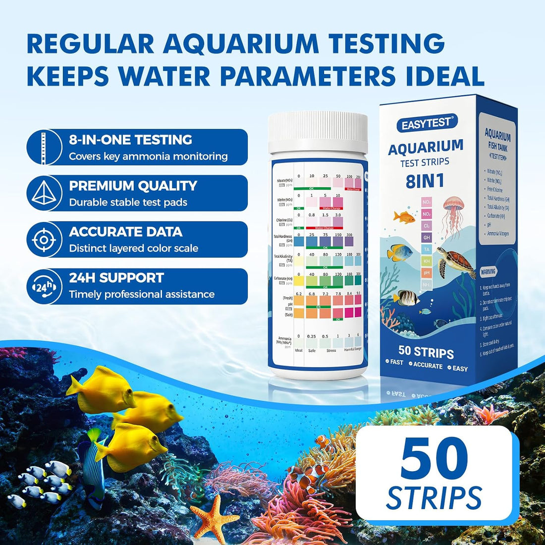 EASYTEST 8-Way Aquarium Test Strips with Ammonia