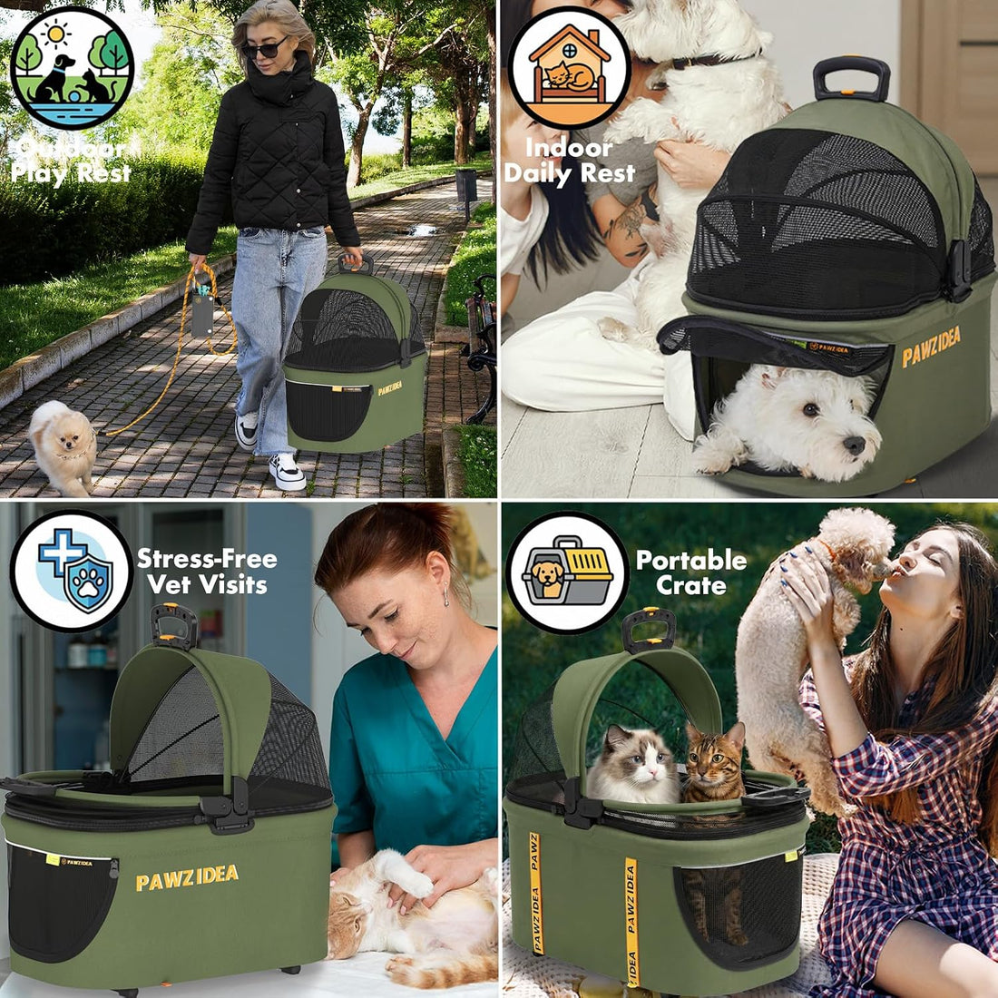 PAWZIDEA Double Pet Stroller with 2 Detachable Carrier for Multiple