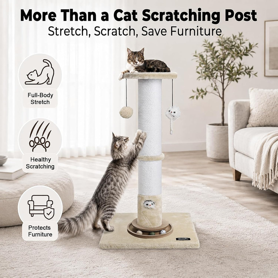 35-Inch Tall Cat Scratching Post, Stable Base for Large Cats