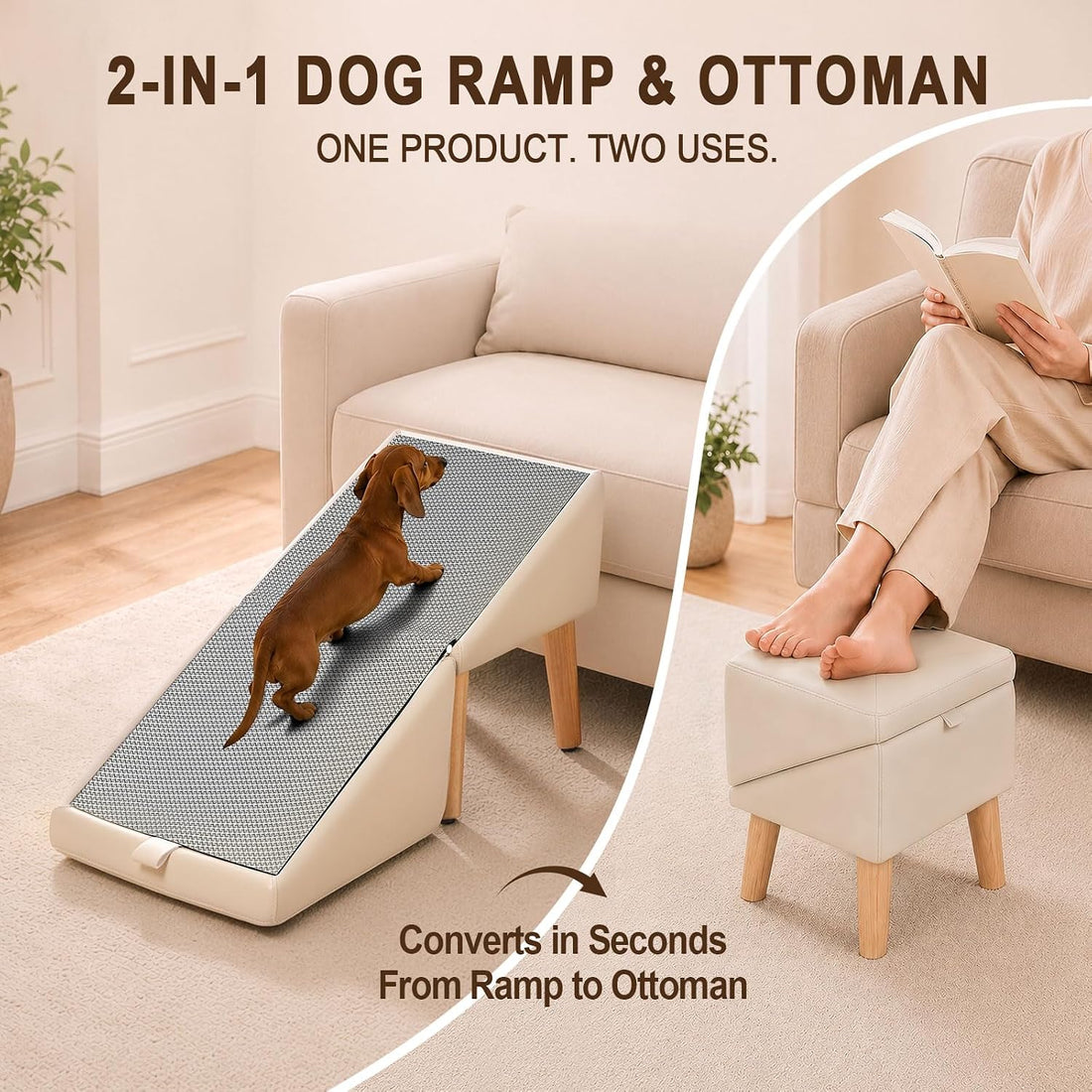 Dog Ramp for Couch and Bed, 16" High Foldable 2-in-1 Dog Ramp Ottoman
