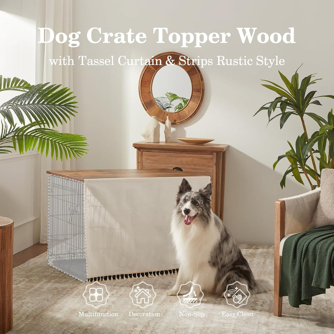 VIE DE AMAN Dog Crate Topper Wood with Tassel Curtain for 42 inch