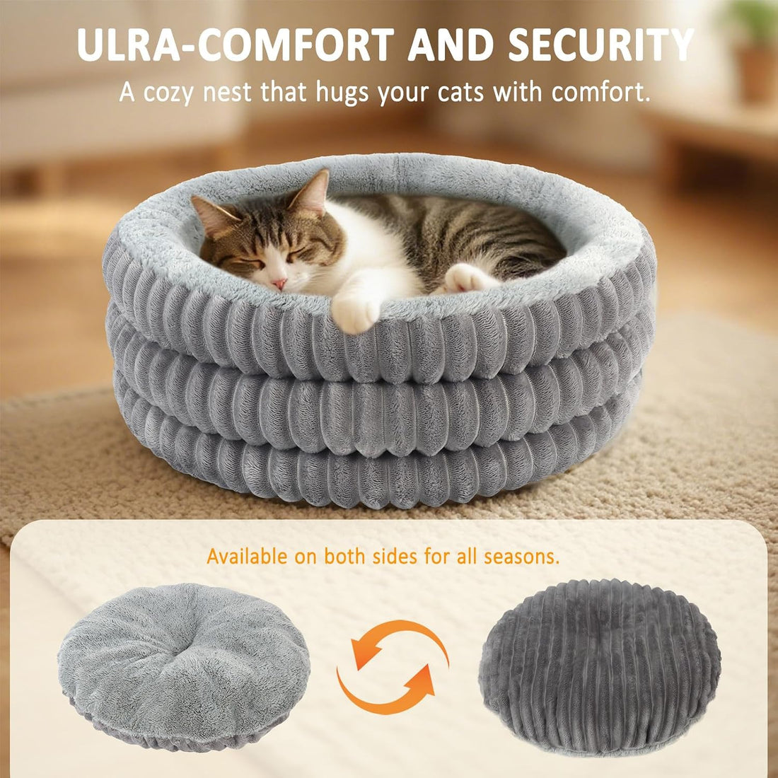 Heated Cat Bed Indoor, 20" Round Donut Deep Sleep Calming Heated Pet