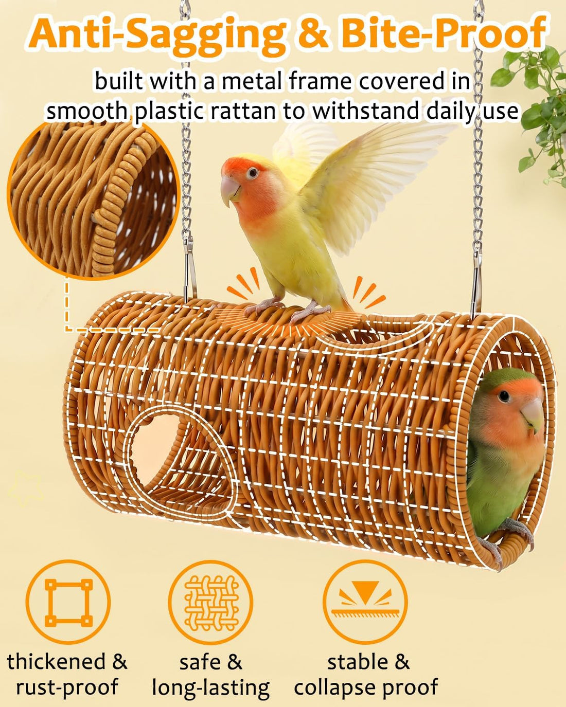 Woven Bird Cage Tunnel Toy with Sag & Bite Proof Metal-Framed