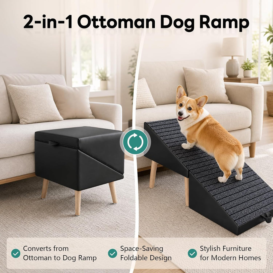 2-in-1 Foldable Dog Ramp Ottoman for Couch