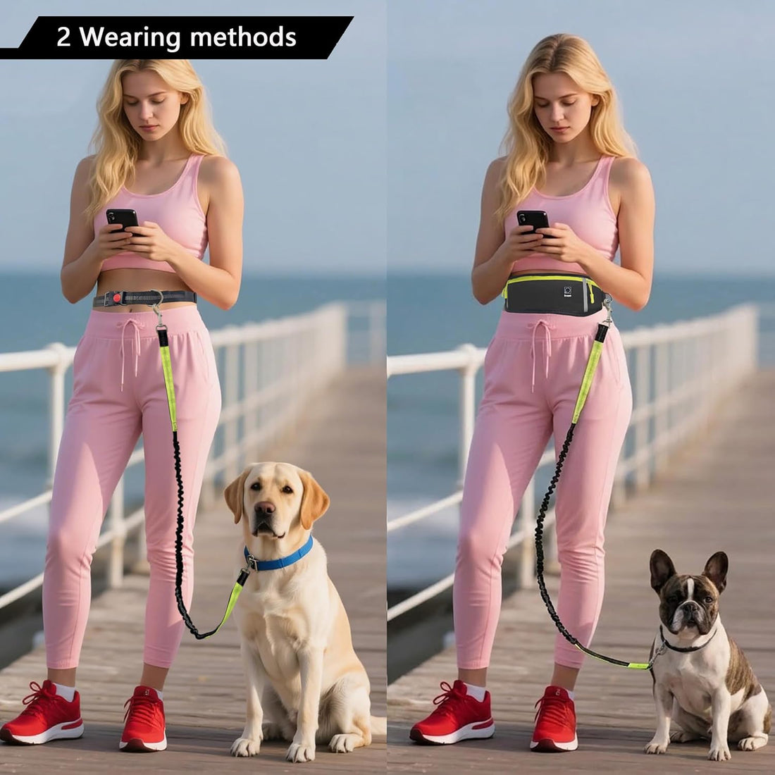 Hands Free Dog Leash with Zipper Pouch, Bungee Waist Leash, Black