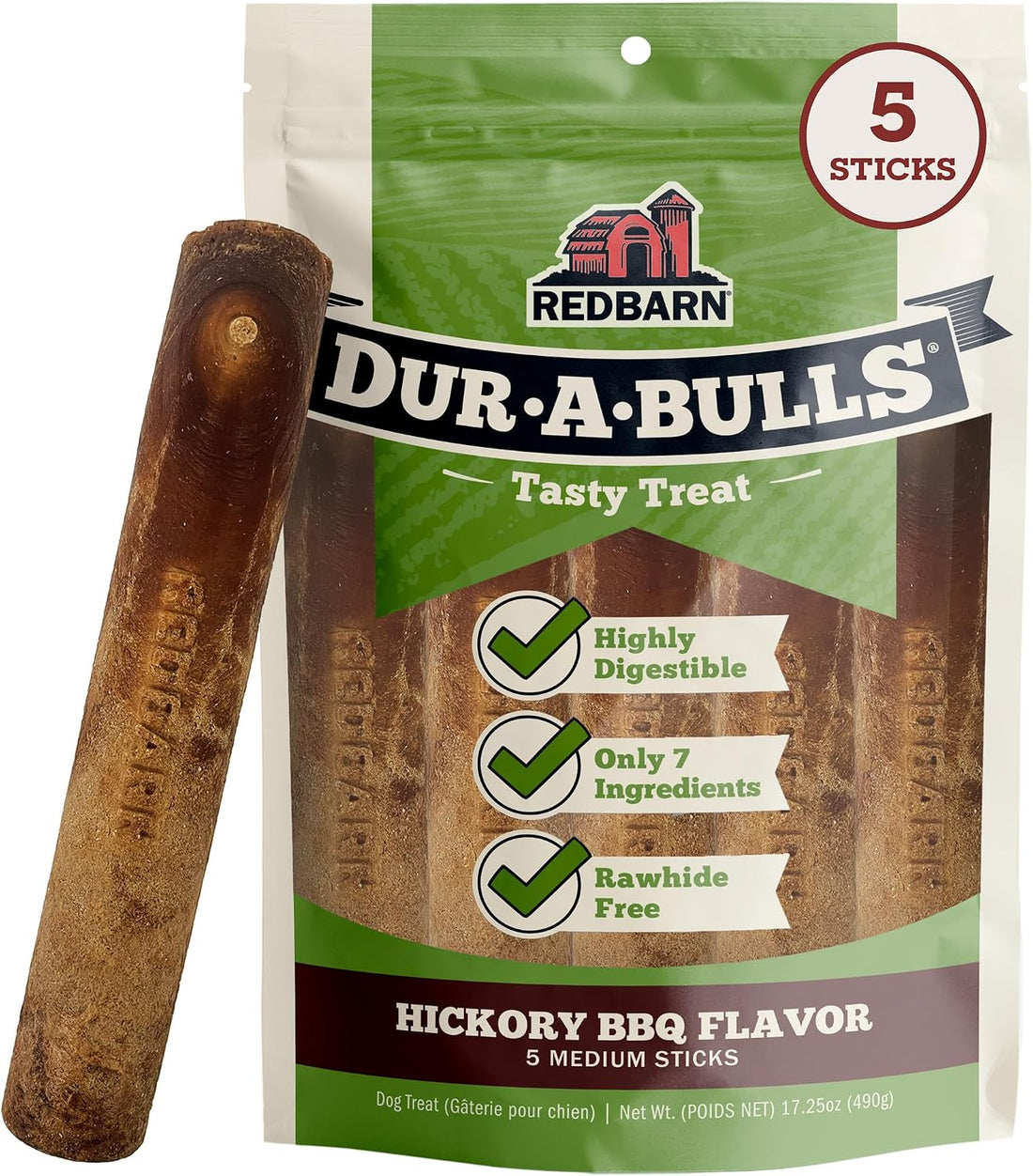 Redbarn Dur-A-Bulls Medium Sticks Hickory Flavor, Natural Dog Chew