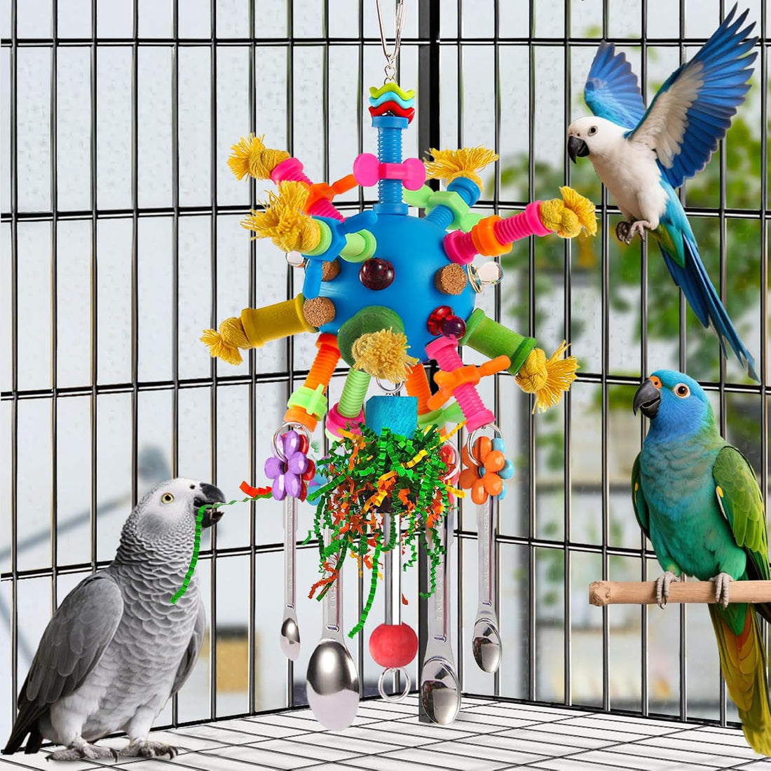 Parrot Toys Bird Toys Perch Pullable Stainless Steel Spoons Colorful