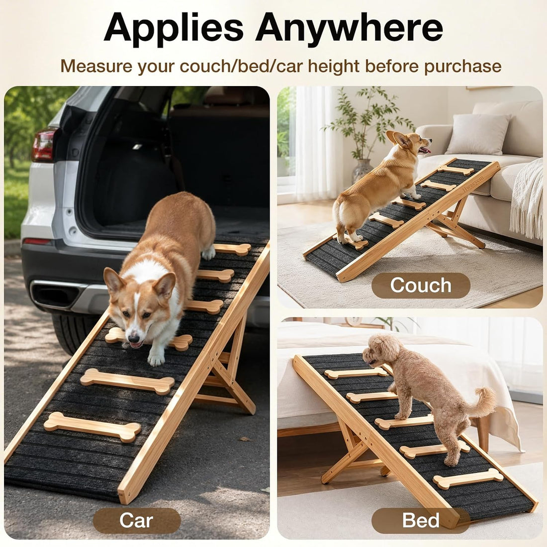 Dog Ramp for Bed & Couch, Height Adjust Foldable Wooden Pet Ramp