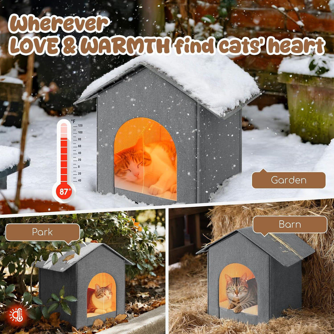 Insulated Outdoor Cat House Weatherproof Winter, Grey