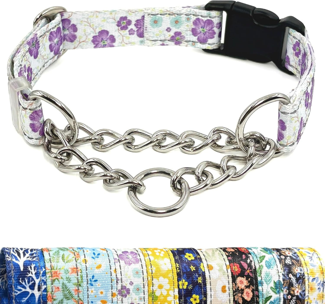 Martingale Dog Collar with Chain, Reflective Nylon Adjustable Collar