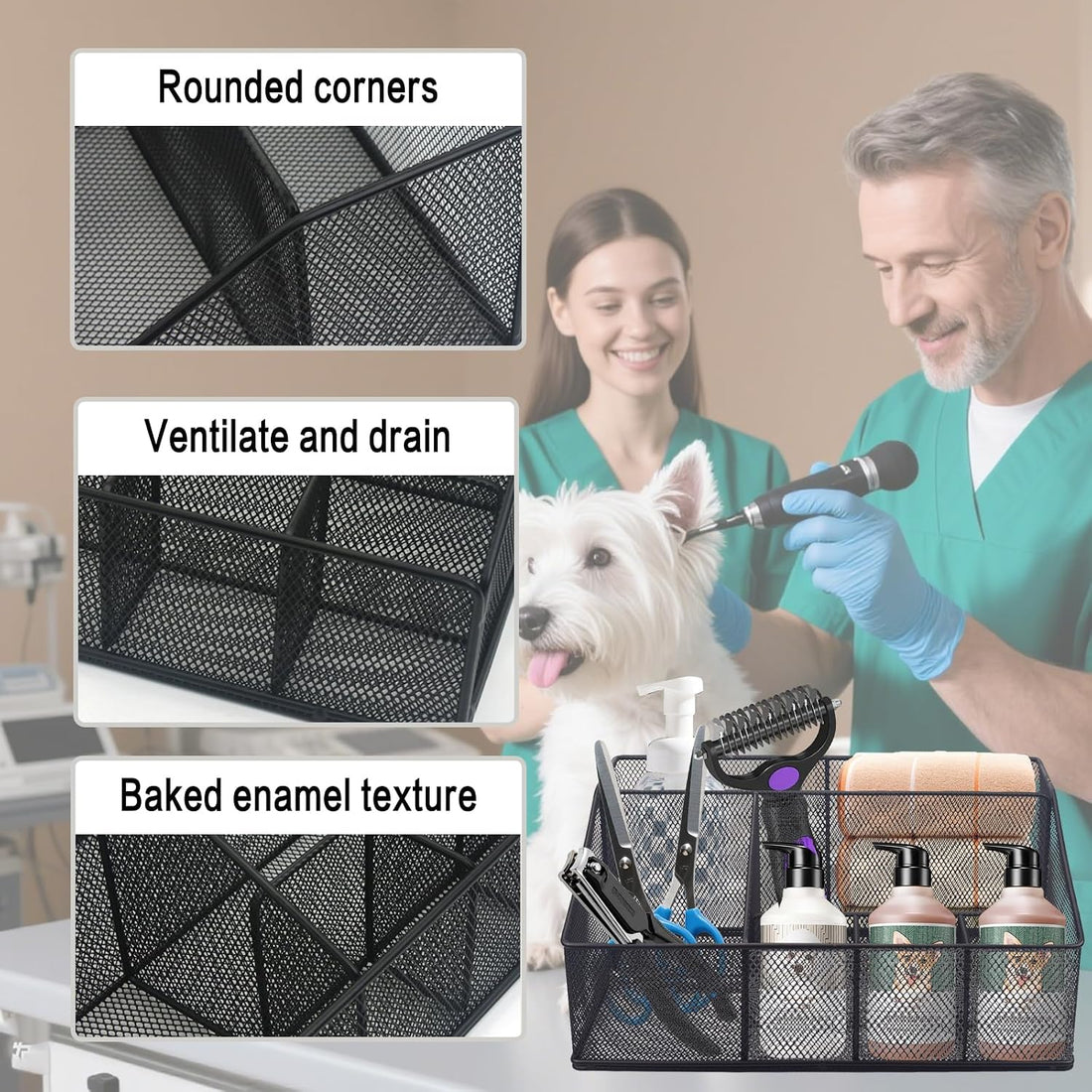 Universal Pet Grooming Supplies Organizer, 6-Compartment Mesh Wire