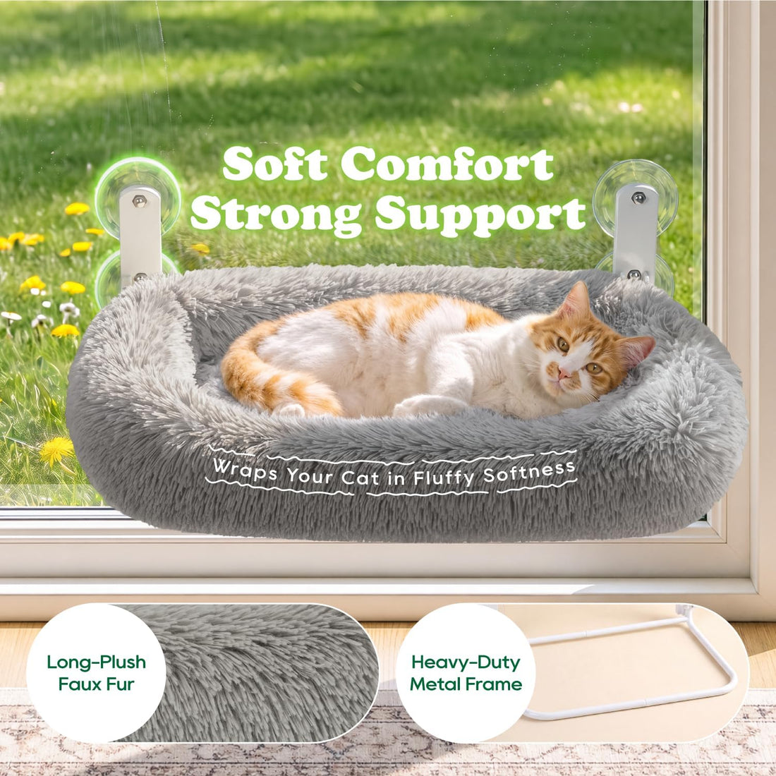 Zakkart Calming Foldable Cat Window Perch, Fluffy Long-Plush Bed