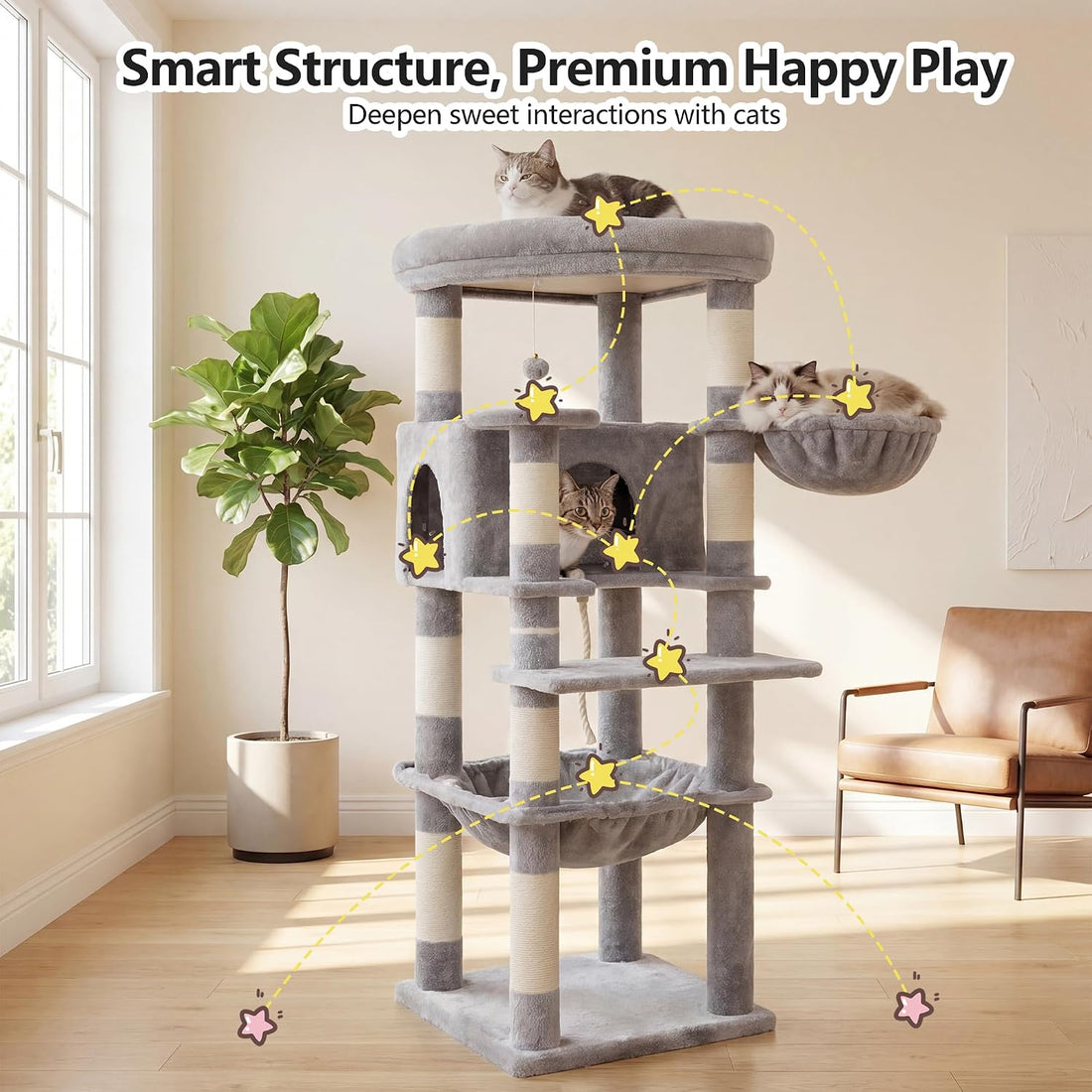 Heybly 53.1" Corner Cat Tree for Large Cats – Interactive Play HCT029W