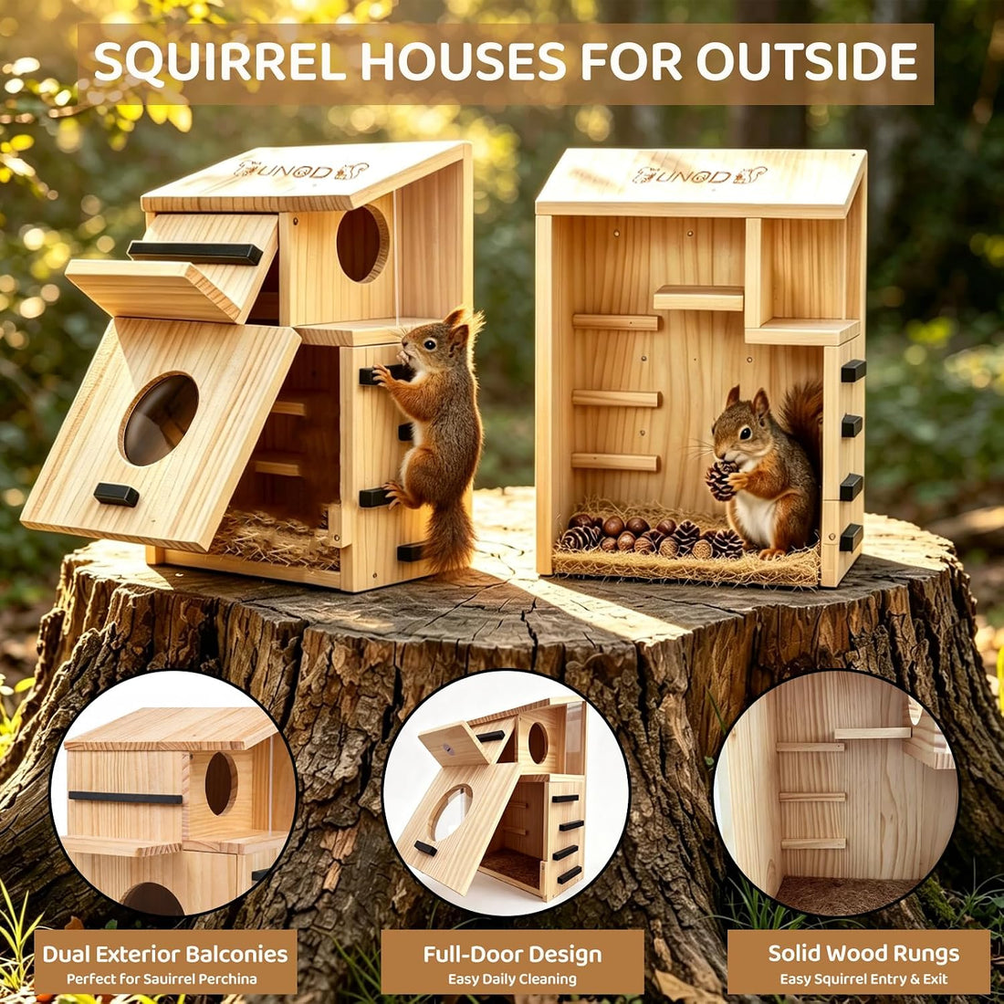 Large Wooden Squirrel House for Outside with Window Dual Balconies