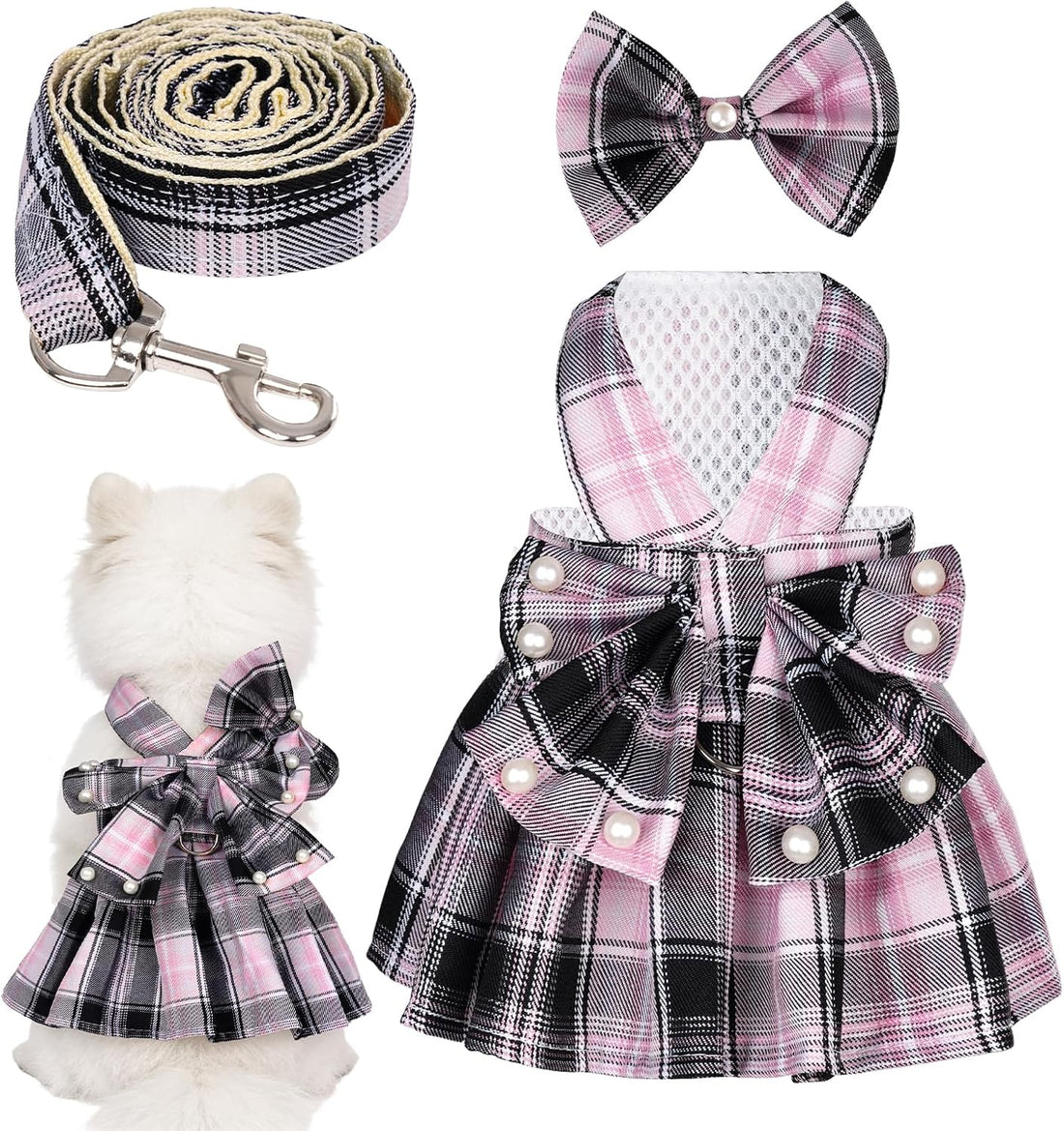 Dog Plaid Dress Harness and Leash Set with Pearls Bow Adjustable