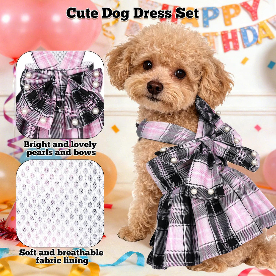 Dog Plaid Dress Harness and Leash Set with Pearls Bow Adjustable