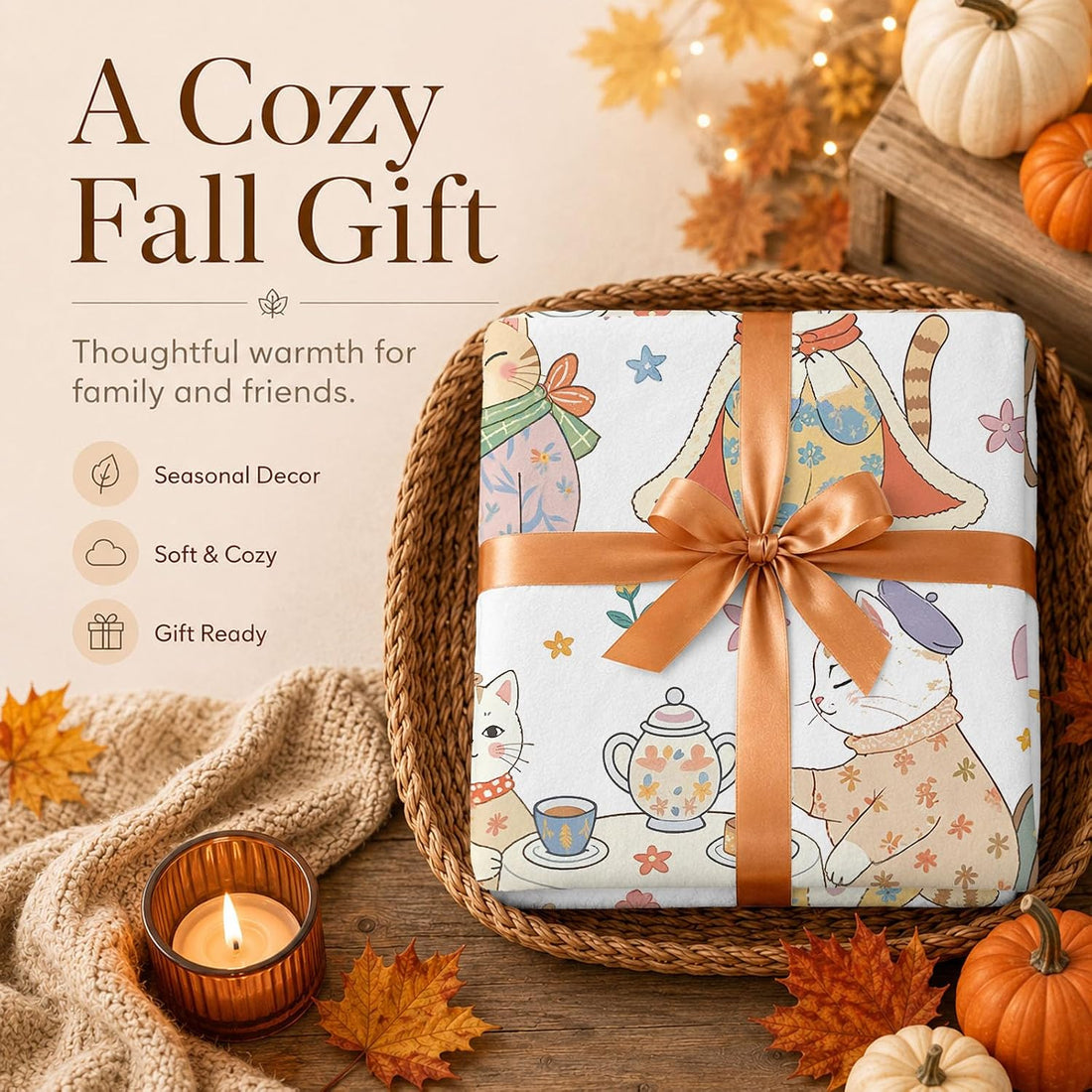 Fall Cute Sweater Cat Colorful Floral Throw Blanket 50 x 60 Inch