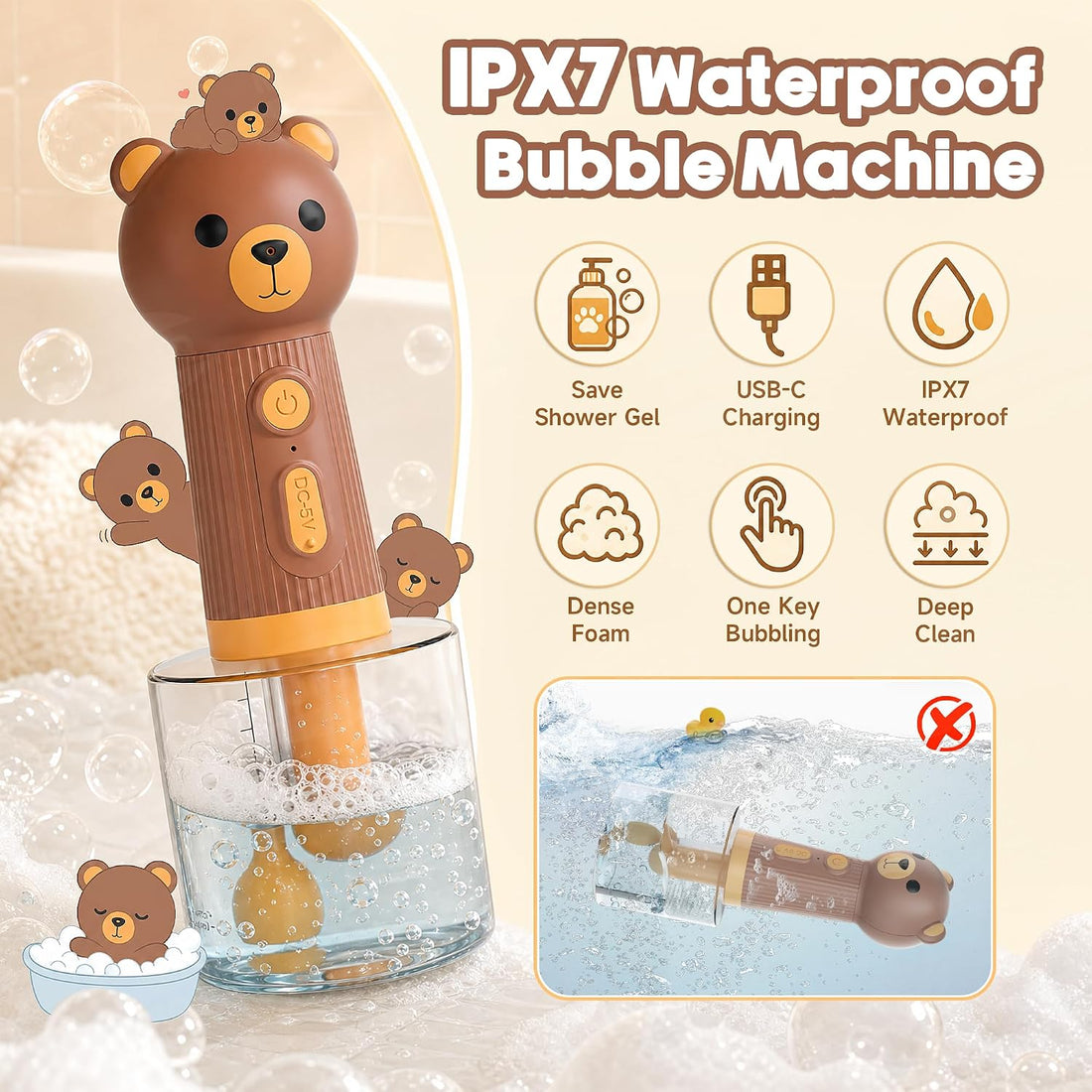 Electric Dog Shampoo Dispenser, IPX7 Waterproof, 400ml Bear Design