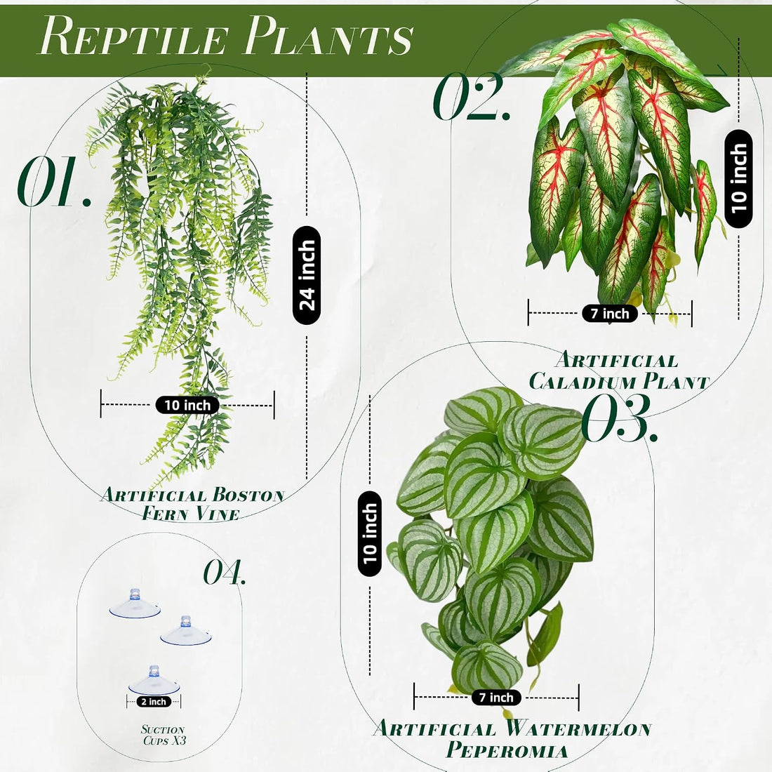 Artificial Reptile Terrarium Plants 3 Pack with Suction Cups