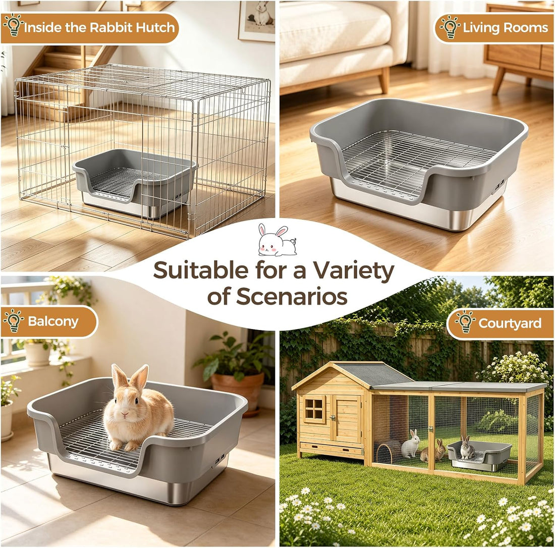 Bunny Litter Box - Stainless Steel Rabbit Litter Box with Hay Feeder