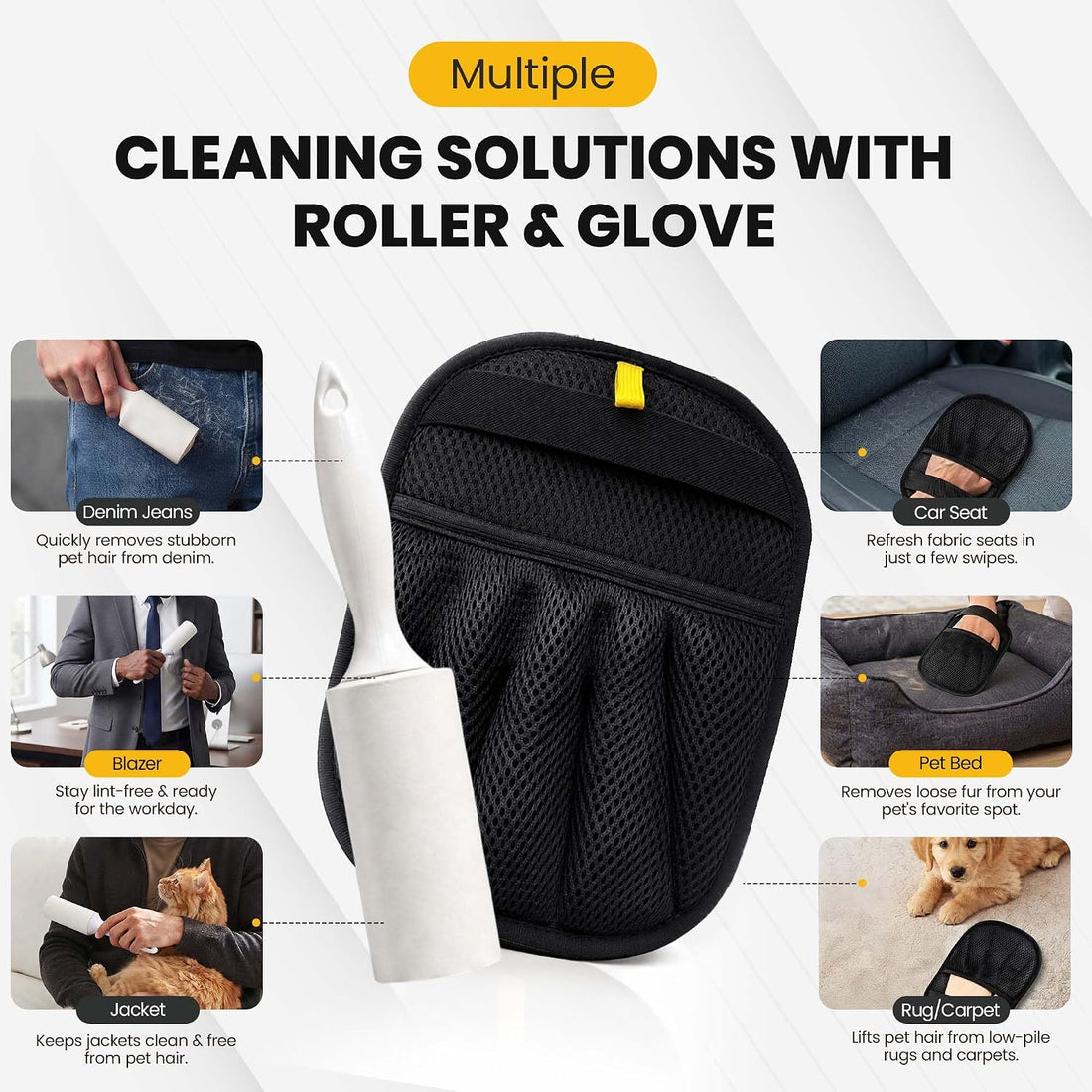 2 Pack Pet Hair Removal Glove with Pet Hair Roller 40 Sheets