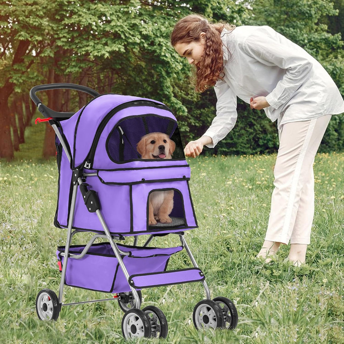 FDW | 4-Wheel Foldable Pet Stroller | Purple | Lightweight & Portable