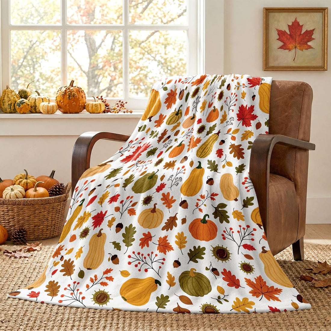 Fall Cute Sweater Cat Colorful Floral Throw Blanket 50 x 60 Inch