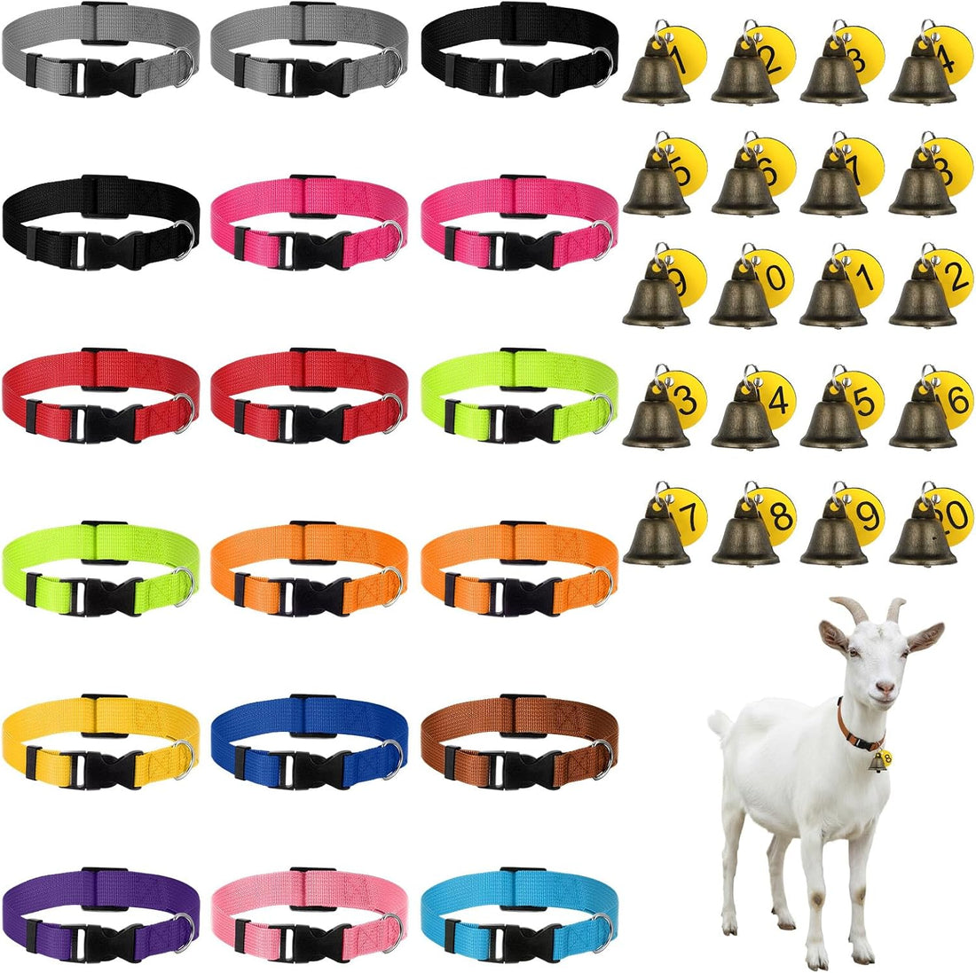 20 Pack Adjustable Goat Collar with Bell and Number Tag