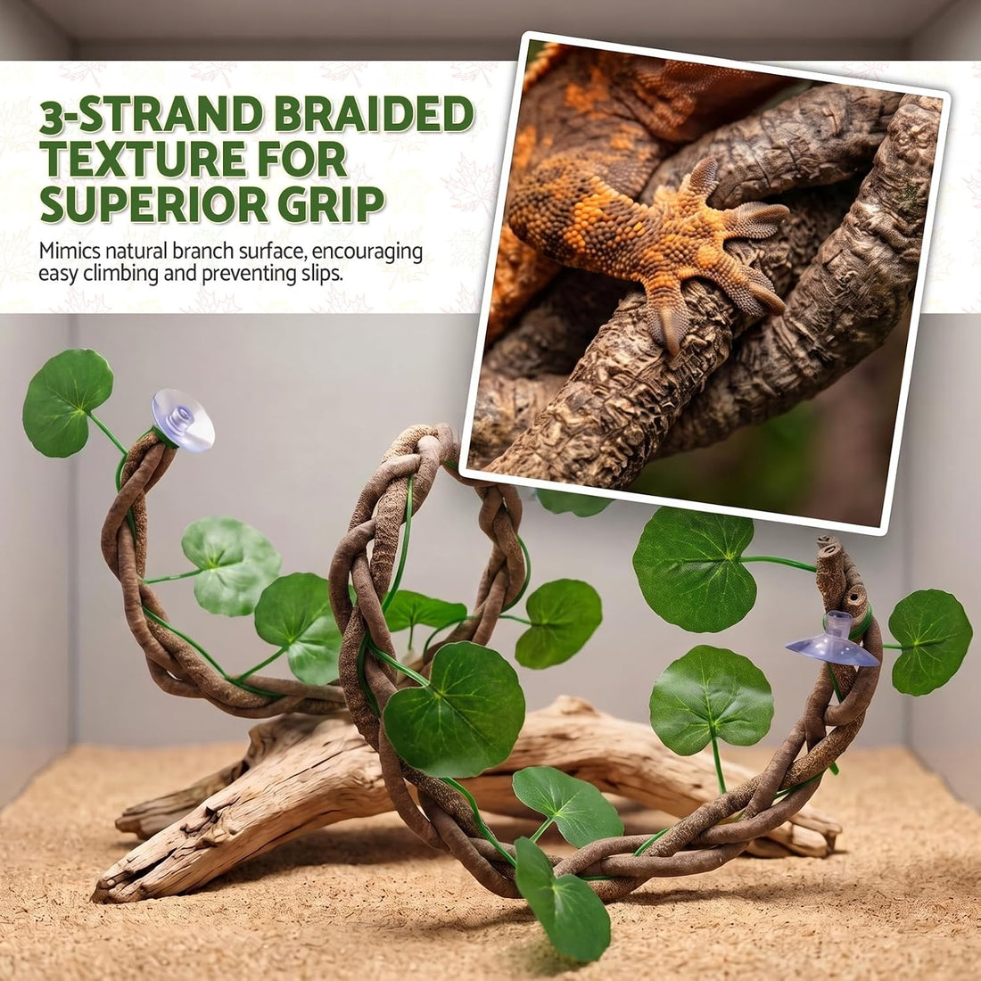 Reptile Jungle Climbing Vines with Leaves, 3-Strand Bendable Branch